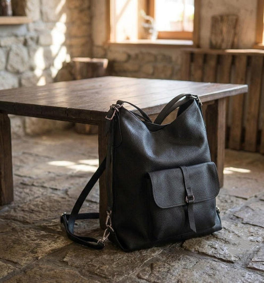 Convertible Black Leather Backpack Purse, Genuine Tote Bag