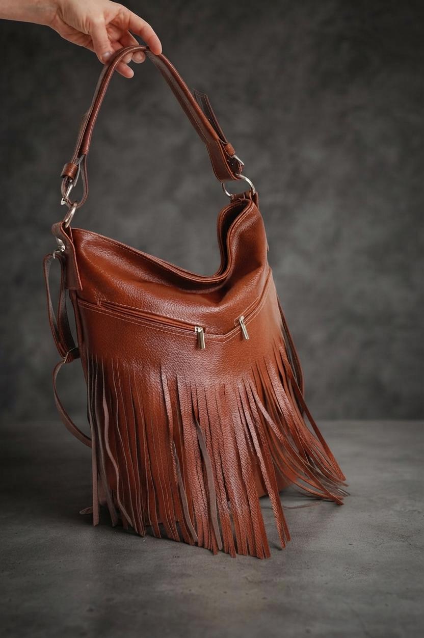 Large Cognac Leather Hobo Bag, Fringe Tassel Crossbody, Handmade Slouchy Tote