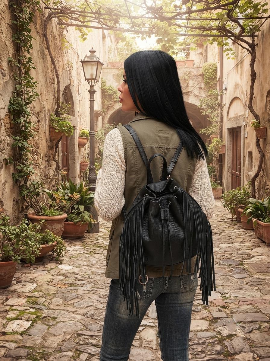 Black Leather Fringe Backpack, Boho Bucket Bag, Women's Laptop Rucksack, Travel Bag