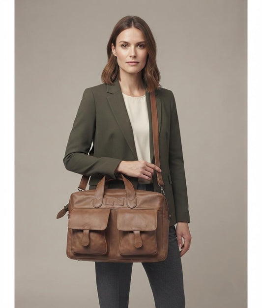 Cognac Brown Full-Grain Leather Briefcase, Men's Professional Laptop Satchel, Handcrafted Work Bag
