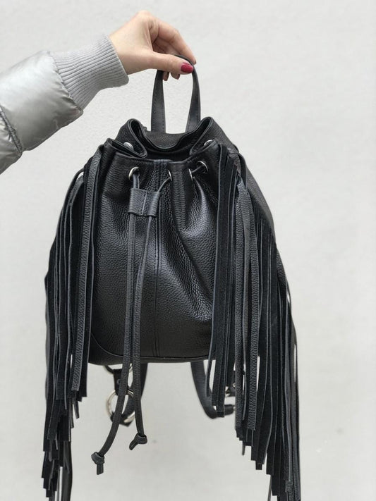 Black Leather Fringe Backpack, Boho Bucket Bag, Women's Laptop Rucksack, Travel Bag