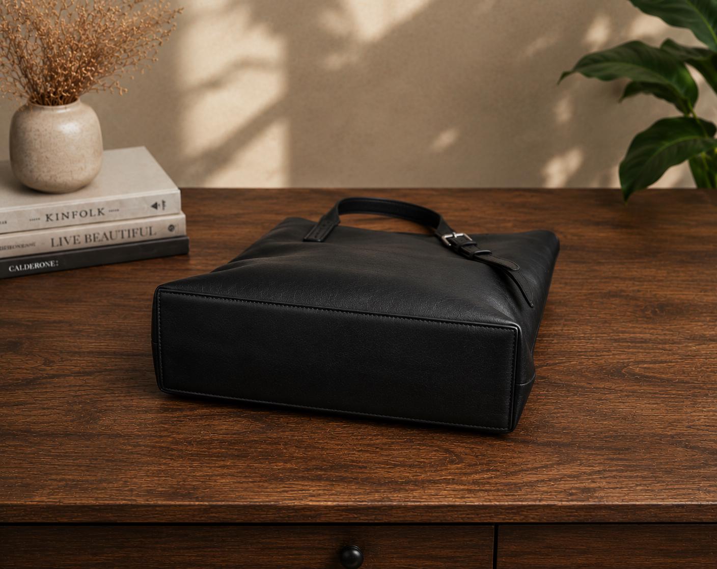 Black Leather Tote Bag, Genuine Work Laptop Shoulder Bag, Minimalist Purse (Zipper Option)