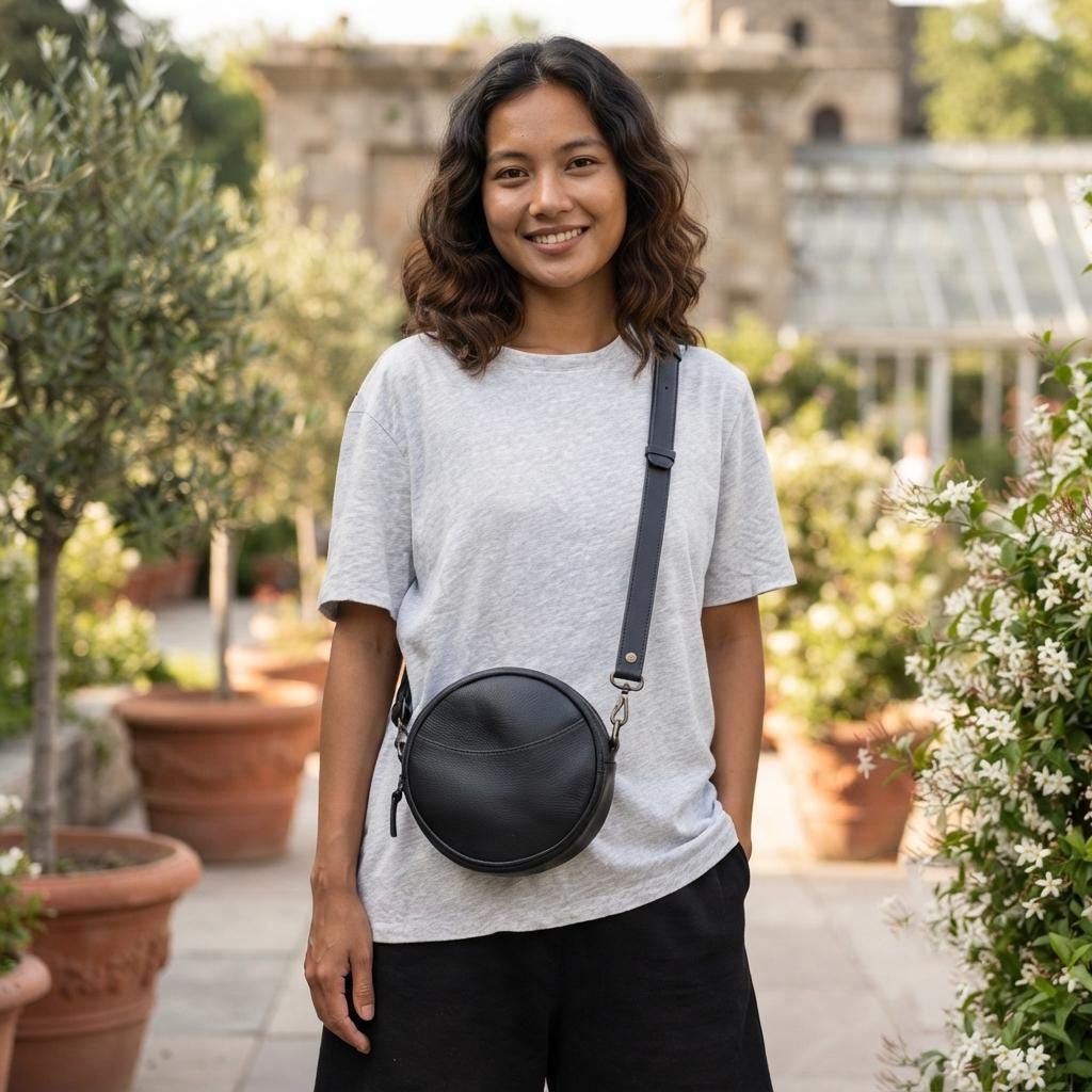 Round Full-Grain Leather Crossbody Bag, Minimalist Circle Shoulder Purse