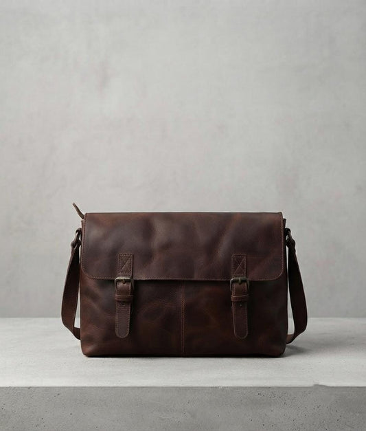 Dark Brown Leather Satchel Messenger Bag, Minimalist Laptop Briefcase, Handmade Crossbody