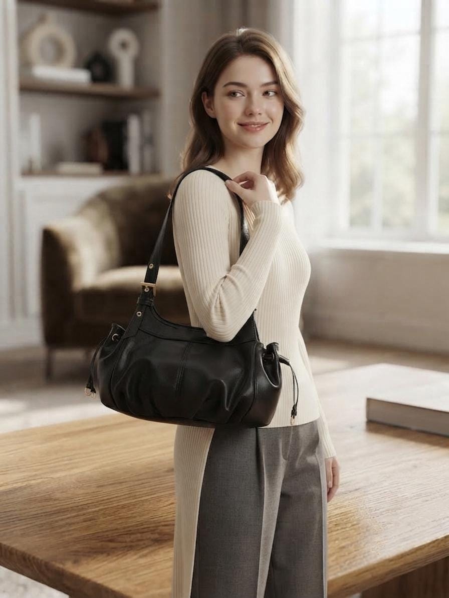 Black Mini Bucket Bag, Lillith Drawstring Purse, Compact Leather Crossbody Handbag