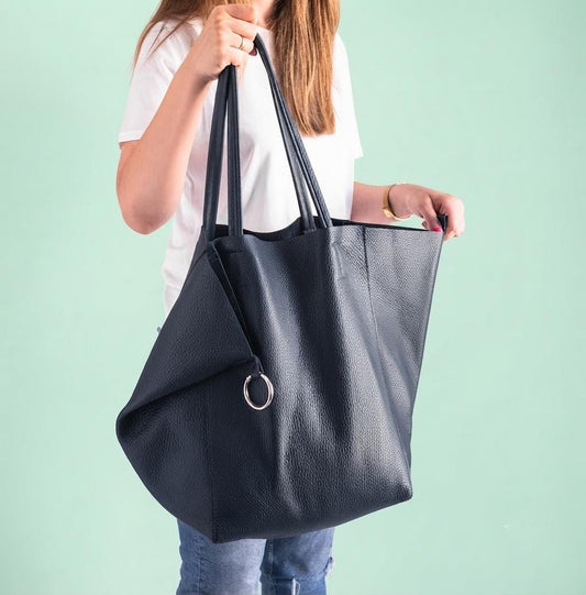 Oversized Navy Leather Tote, Genuine Cattle Shopper, Travel Work Bag, Bonus Cosmetic