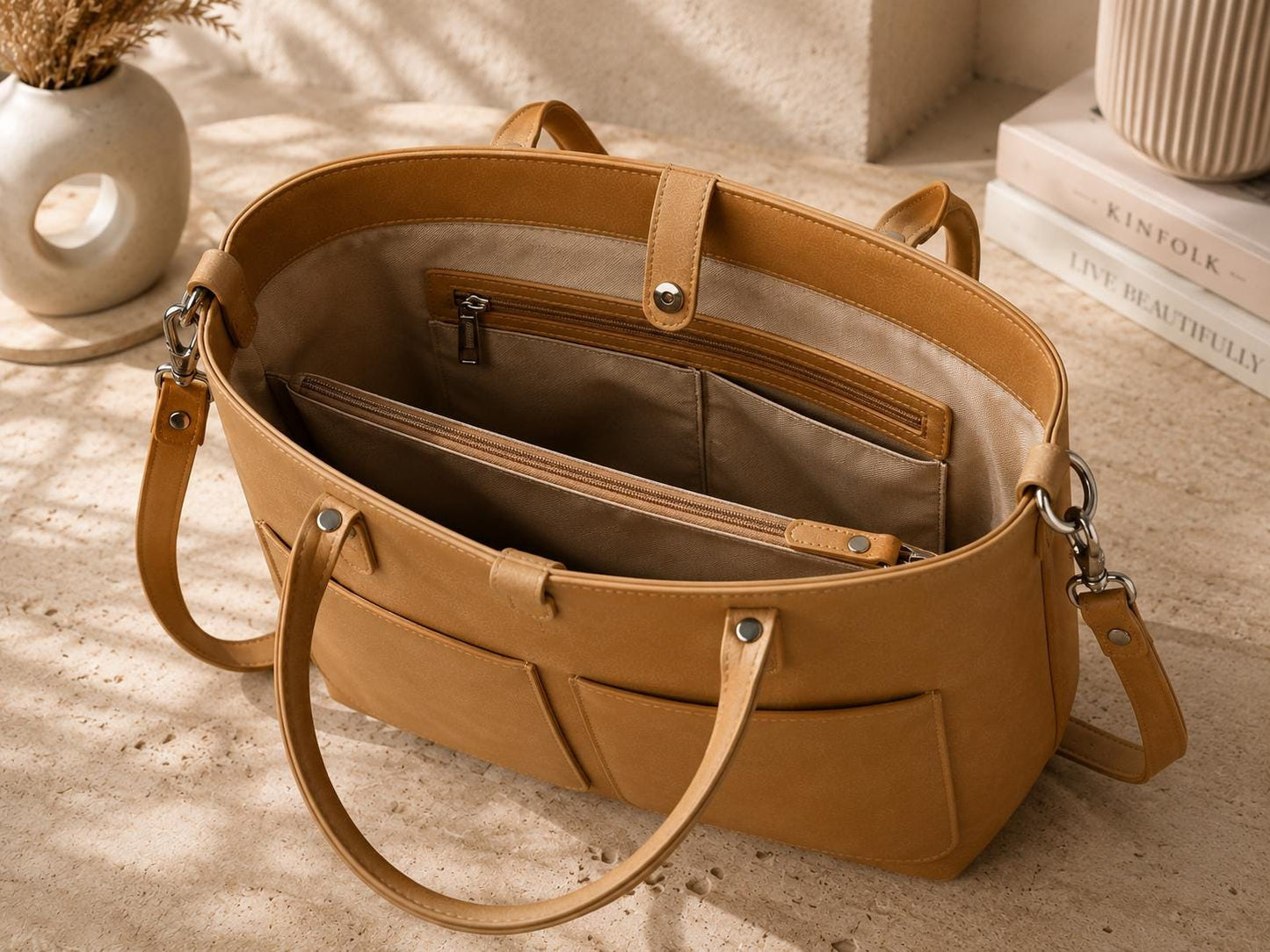 Camel Leather Tote Bag, Minimalist Top Handle Handbag, Everyday Work Bag