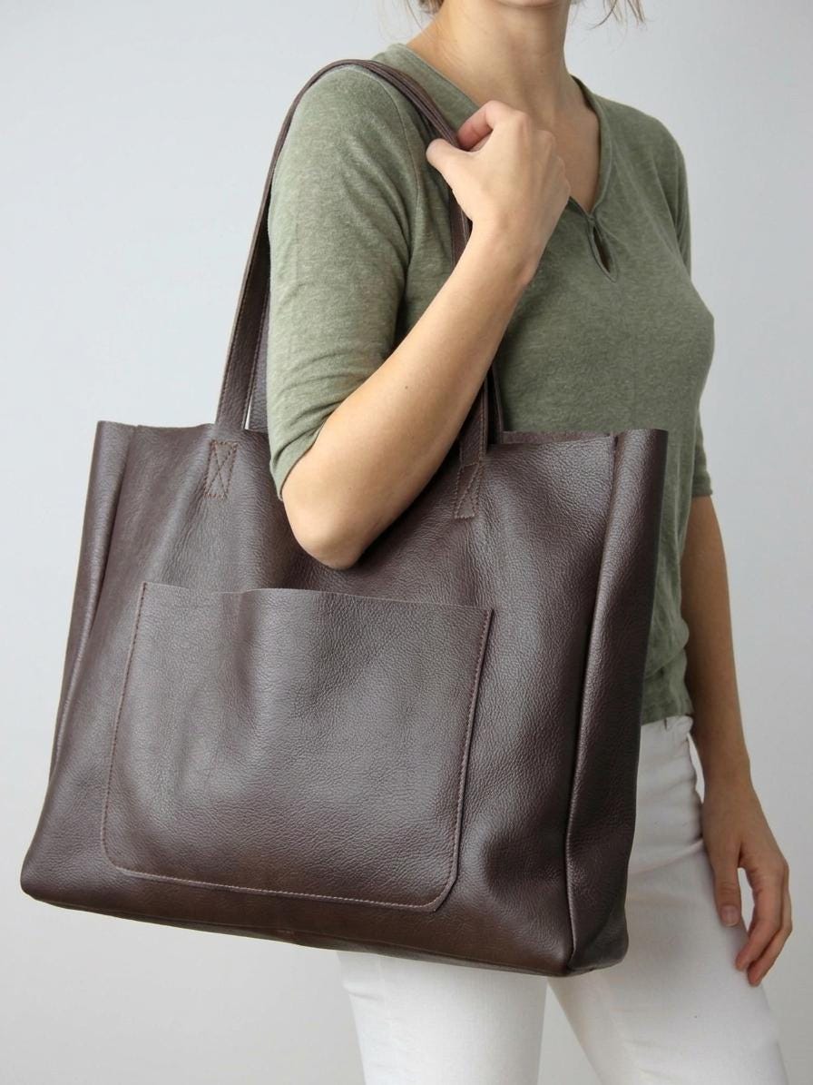 Modern Minimalist Leather Shopper, Spacious Dark Brown Tote Bag
