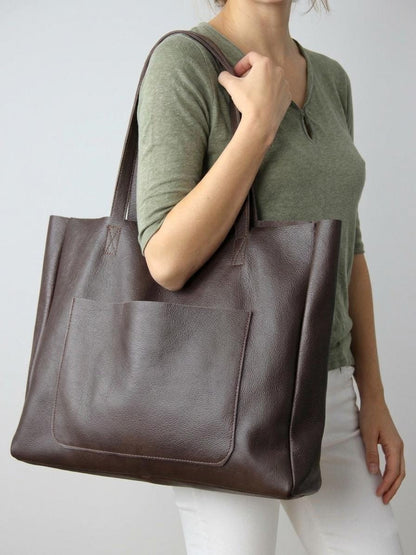 Modern Minimalist Leather Shopper, Spacious Dark Brown Tote Bag
