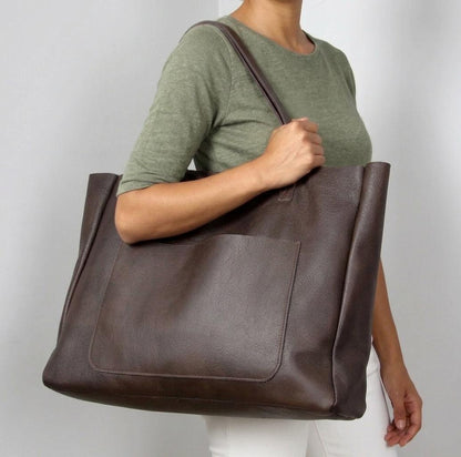Modern Minimalist Leather Shopper, Spacious Dark Brown Tote Bag