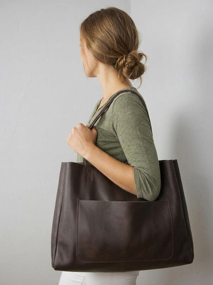 Modern Minimalist Leather Shopper, Spacious Dark Brown Tote Bag