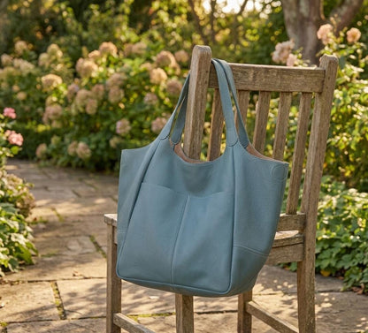 Oversized Navy Blue Leather Tote Bag, Soft Slouchy Weekender Travel Carryall