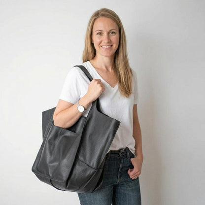 Oversized Black Leather Weekender Tote | Slouchy Shoulder Bag for Everyday Use