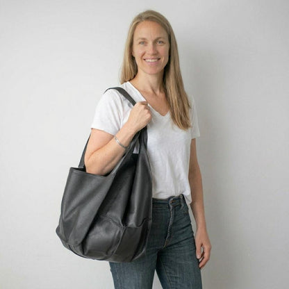 Oversized Black Leather Weekender Tote | Slouchy Shoulder Bag for Everyday Use