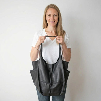 Oversized Black Leather Weekender Tote | Slouchy Shoulder Bag for Everyday Use
