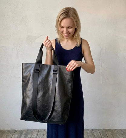 The Ultimate All-Day Shopper: Genuine Soft-Touch Black Leather