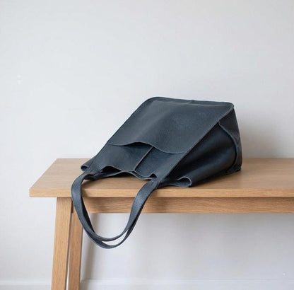 Blue Leather Tote Bag, Oversized Slouchy Shopper, Artisan Handmade Work Purse