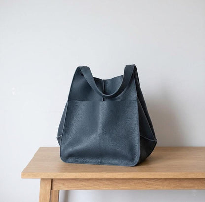 Blue Leather Tote Bag, Oversized Slouchy Shopper, Artisan Handmade Work Purse
