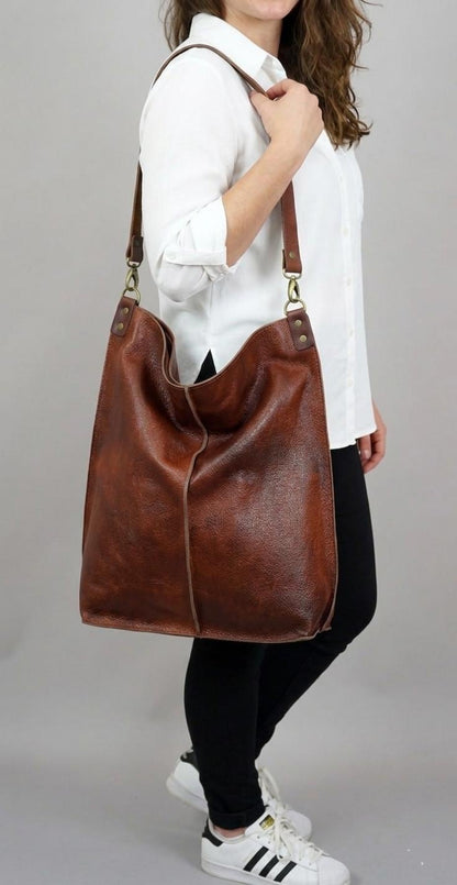 Handcrafted Full Grain Leather Hobo Bag, Large Slouchy Shoulder Tote, Minimalist Daily Purse