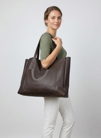 Modern Minimalist Leather Shopper, Spacious Dark Brown Tote Bag