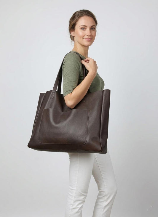 Modern Minimalist Leather Shopper, Spacious Dark Brown Tote Bag