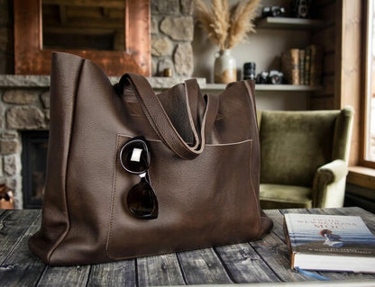 Modern Minimalist Leather Shopper, Spacious Dark Brown Tote Bag