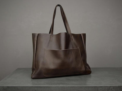 Modern Minimalist Leather Shopper, Spacious Dark Brown Tote Bag
