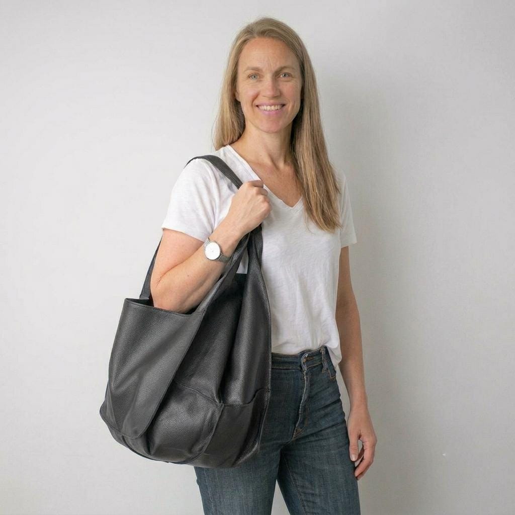 Oversized Black Leather Weekender Tote | Slouchy Shoulder Bag for Everyday Use