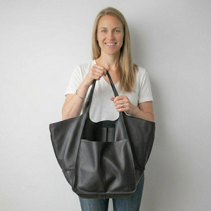Oversized Black Leather Weekender Tote | Slouchy Shoulder Bag for Everyday Use
