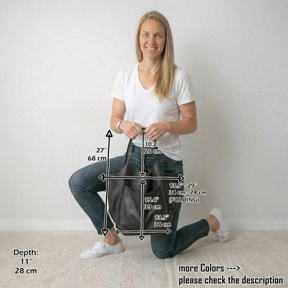 Oversized Black Leather Weekender Tote | Slouchy Shoulder Bag for Everyday Use