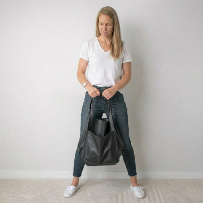 Oversized Black Leather Weekender Tote | Slouchy Shoulder Bag for Everyday Use