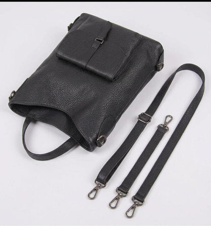 Convertible Black Leather Backpack Purse, Genuine Tote Bag