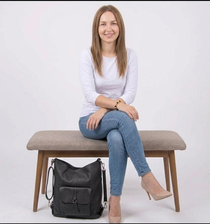 Convertible Black Leather Backpack Purse, Genuine Tote Bag