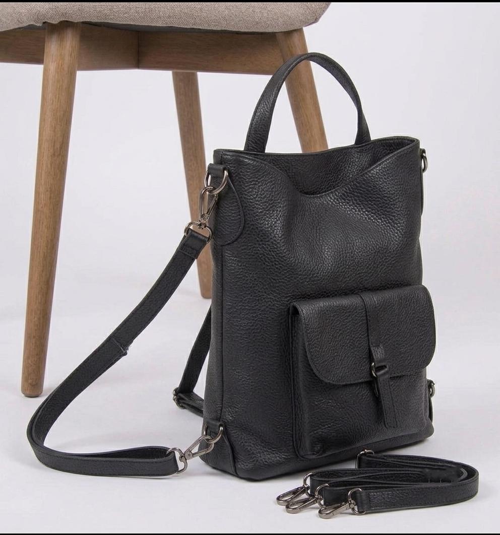 Convertible Black Leather Backpack Purse, Genuine Tote Bag