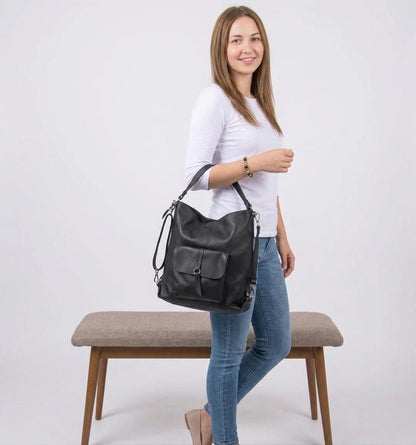 Convertible Black Leather Backpack Purse, Genuine Tote Bag