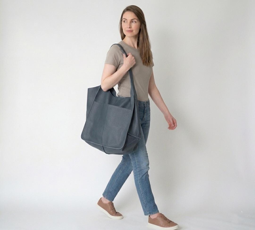 Blue Leather Tote Bag, Oversized Slouchy Shopper, Artisan Handmade Work Purse