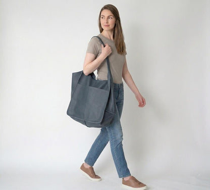 Blue Leather Tote Bag, Oversized Slouchy Shopper, Artisan Handmade Work Purse