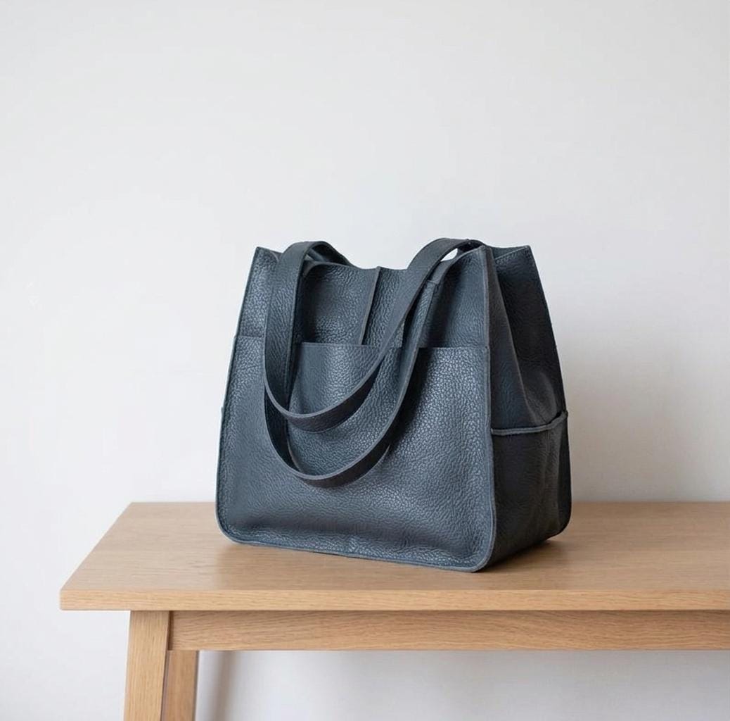 Blue Leather Tote Bag, Oversized Slouchy Shopper, Artisan Handmade Work Purse