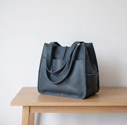 Blue Leather Tote Bag, Oversized Slouchy Shopper, Artisan Handmade Work Purse