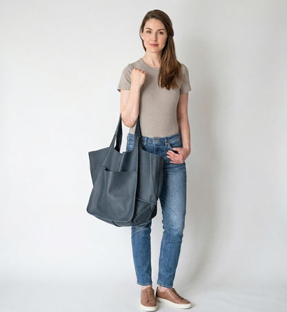 Blue Leather Tote Bag, Oversized Slouchy Shopper, Artisan Handmade Work Purse