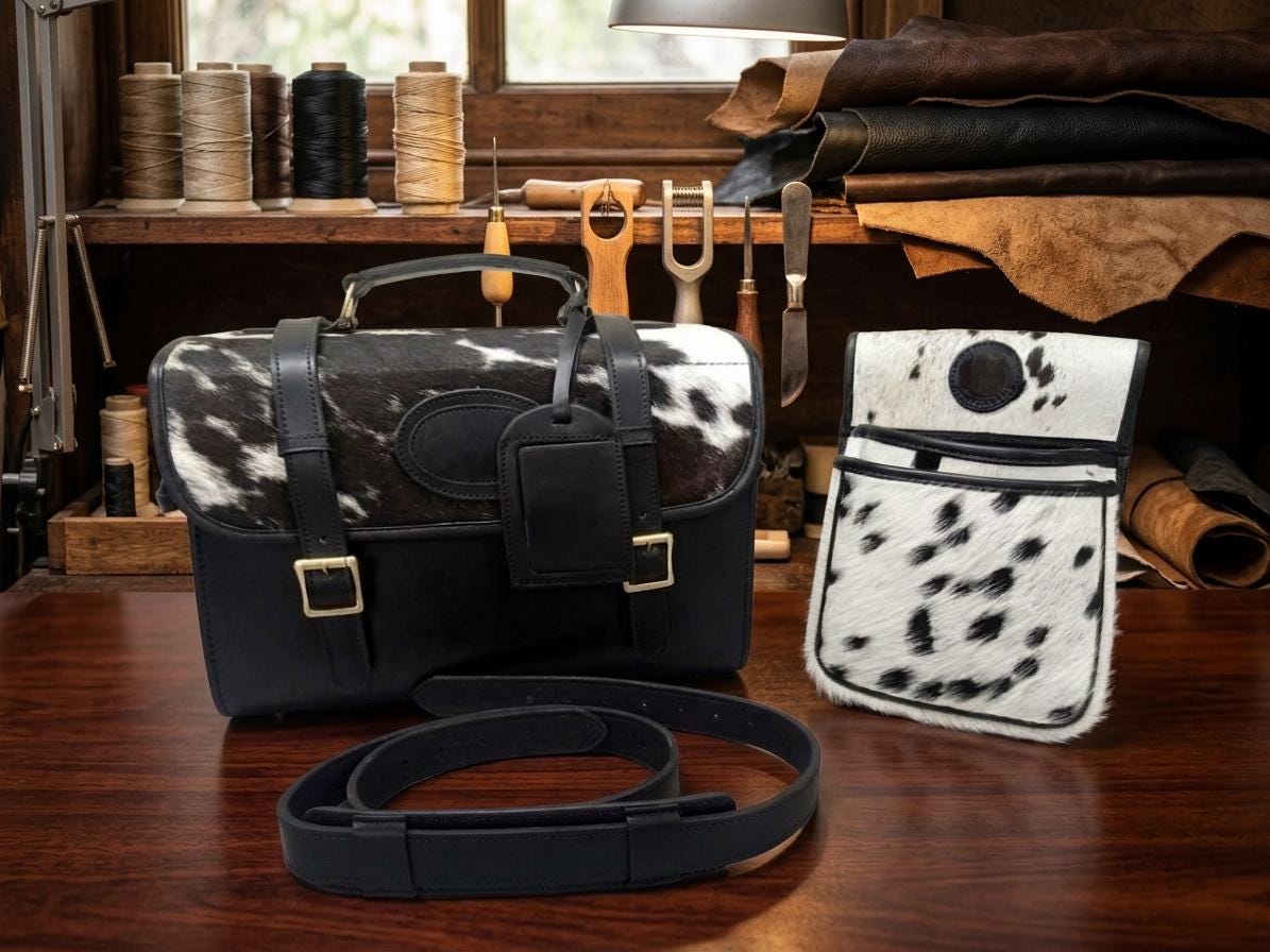 Full Grain Leather Range Bag with Hair-on Hide – Matching Shell Pouch, Belt