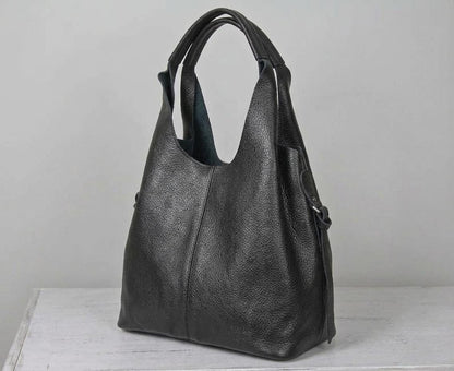 Oversized Black Leather Tote Bag, Genuine Cowhide Shoulder Bag, Work Laptop Purse