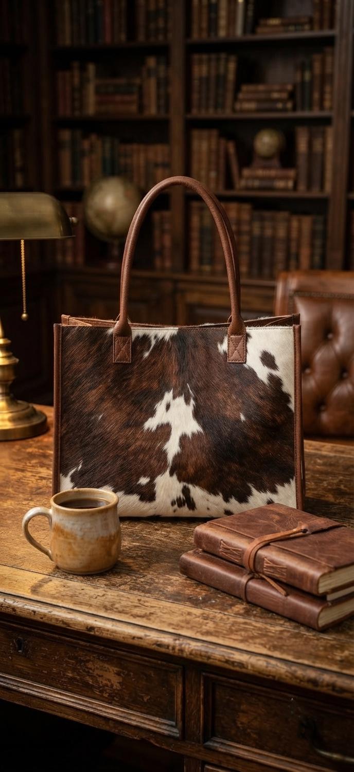 Genuine Hair-on-Hide Leather Tote Bag, Western Cowhide Shoulder Handbag