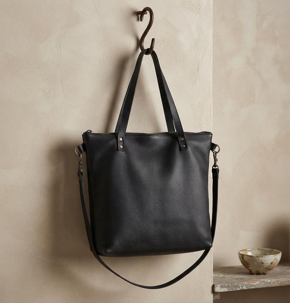 Large Black Full Grain Leather Tote Bag, Oversized Shopper Handbag, Brass Hardware Shoulder Crossbody