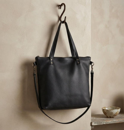 Large Black Full Grain Leather Tote Bag, Oversized Shopper Handbag, Brass Hardware Shoulder Crossbody