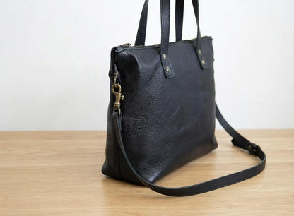 Large Black Full Grain Leather Tote Bag, Oversized Shopper Handbag, Brass Hardware Shoulder Crossbody