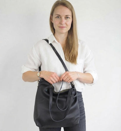 Large Black Full Grain Leather Tote Bag, Oversized Shopper Handbag, Brass Hardware Shoulder Crossbody