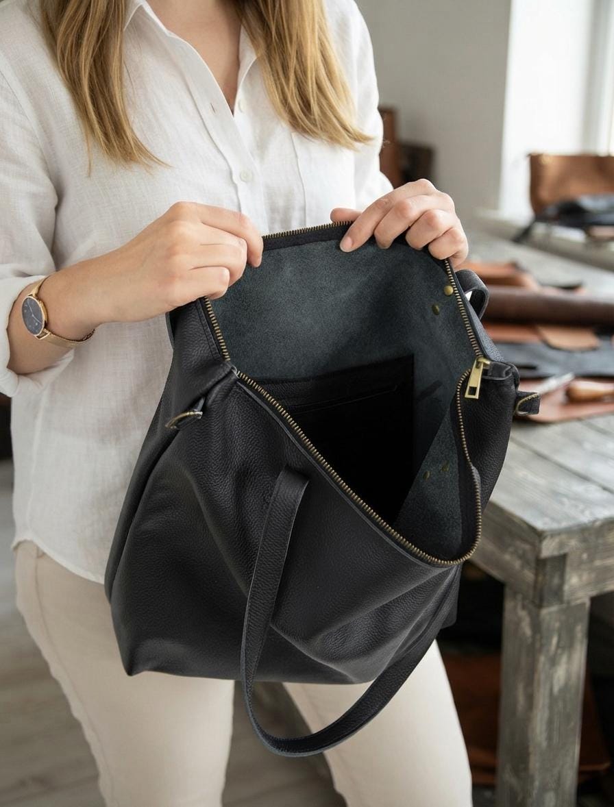Large Black Full Grain Leather Tote Bag, Oversized Shopper Handbag, Brass Hardware Shoulder Crossbody