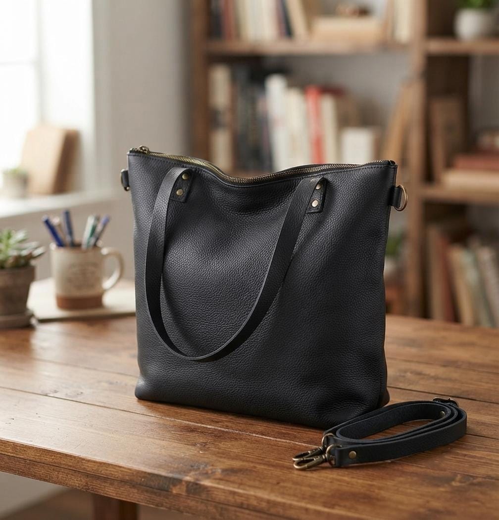Large Black Full Grain Leather Tote Bag, Oversized Shopper Handbag, Brass Hardware Shoulder Crossbody