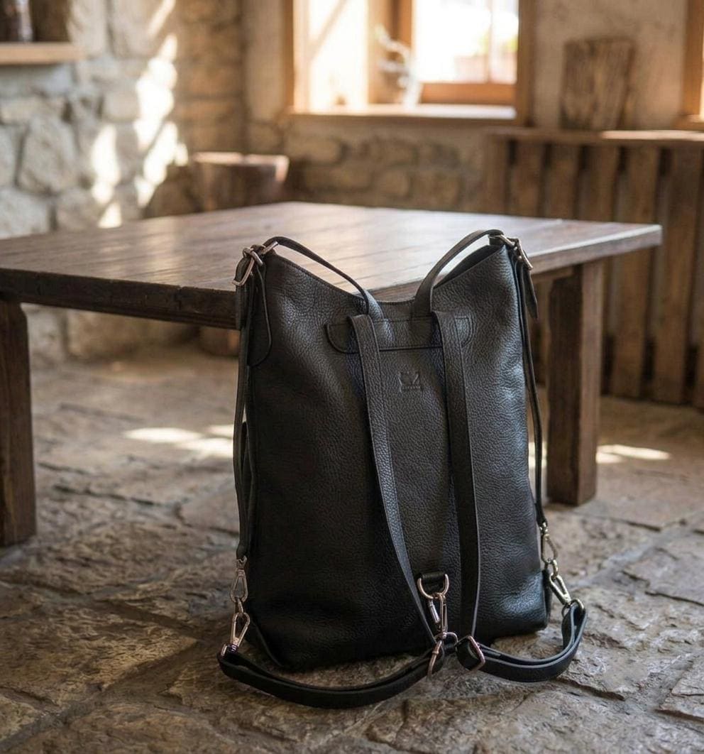 Convertible Black Leather Backpack Purse, Genuine Tote Bag